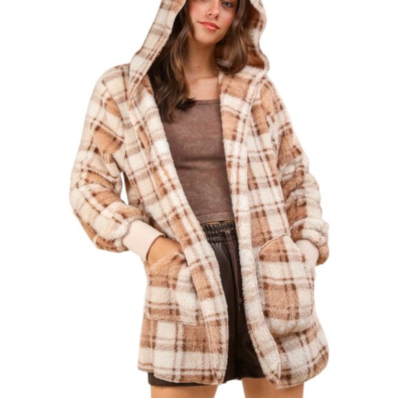 NEW Very J Fuzzy Plaid Long Sleeve Hooded Jacket Lagenlook Boho Cozy Relaxed - Picture 1 of 3